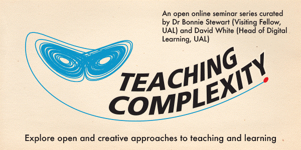 The Teaching Complexity graphic featuring an illustration of a blue infinity sign, layered over with multiple lines. There is text saying 'Explore open and creative approaches to teaching and learning'
