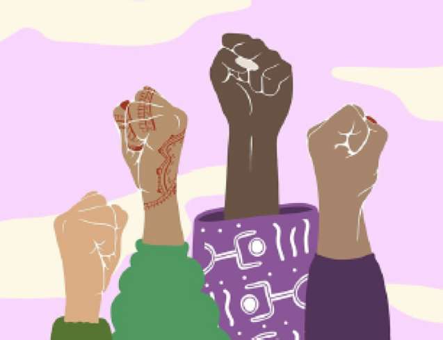 Stylised graphic of 4 female fists in the air in solidarity . Pale purple background with darker purple and green clothing seen on the wrists. Nailpolish and henna decorations are visible on some of the hands.