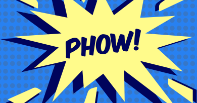 Pop art style graphic: PHOW! written in a yellow spiked bubble, on a bright blue background with lines of slightly darker blue polka dots